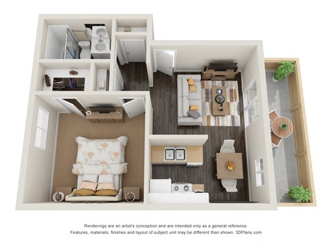 Floor plan for 1 bed, 1 bath, 600 sqft